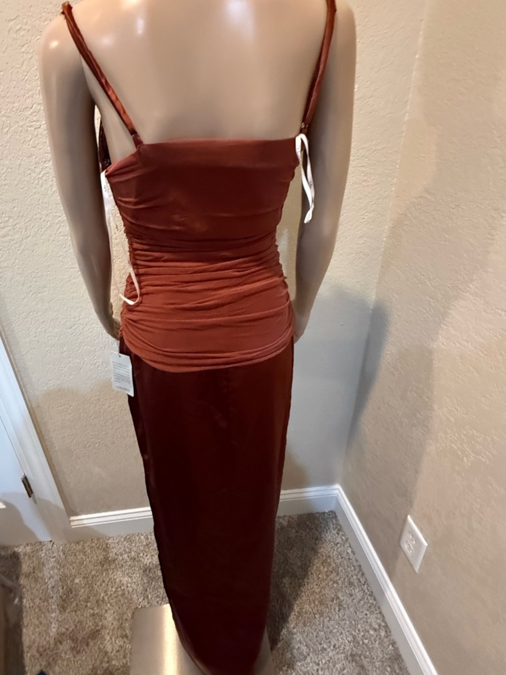 New! Lulu's Rust Red Satin Ruched Slip Prom / Formal Dress — Size Small - Picture 4 of 7